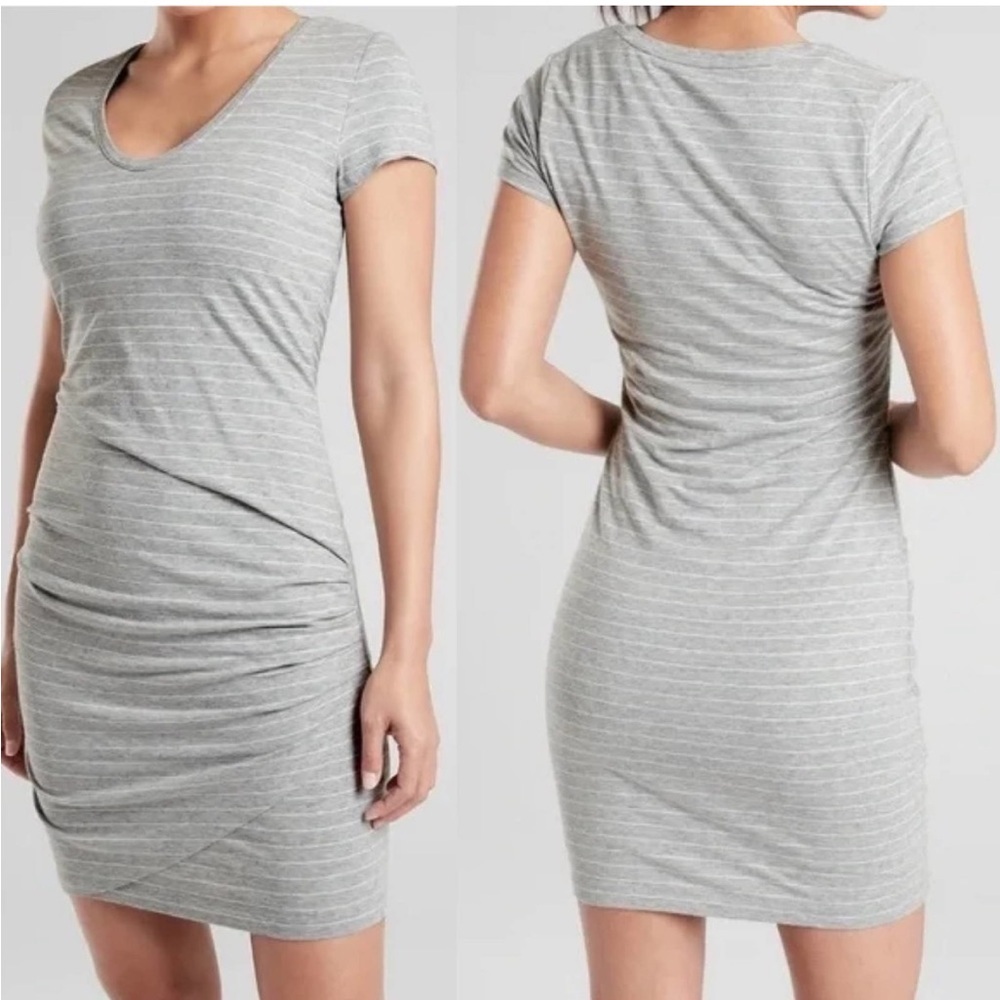 Athleta Central Stripe Dress Gray White Short Sleeve Cotton Modal Mini Med NWT